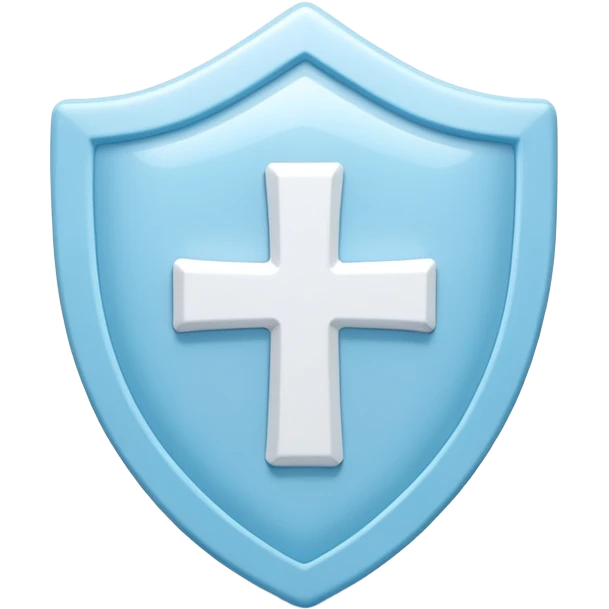 A cute 3D render icon of a protective shield. Rounded edges, plump, glossy plastic material. Sky blue and white color palette. A subtle, soft white cross or heart symbol embossed in the center. Clean studio lighting, soft shadows. Isolated on a light pastel background. Minimalist design. emoji