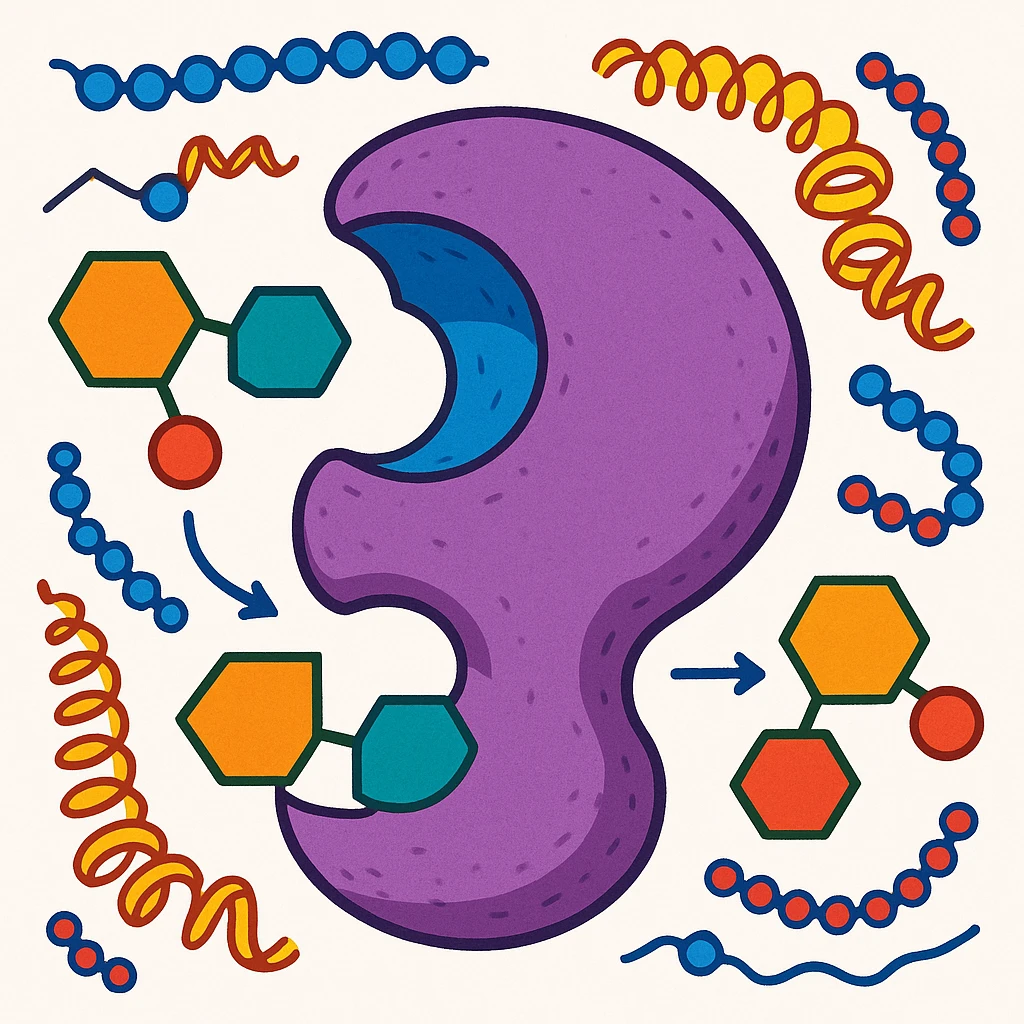 Ultra-detailed scientific illustration  (like in a school book) of enzyme digestion. Macro molecular view, clean white background, no text, no human figures or cartoon characters. Purely biological focus and really detailed and surrounding emoji