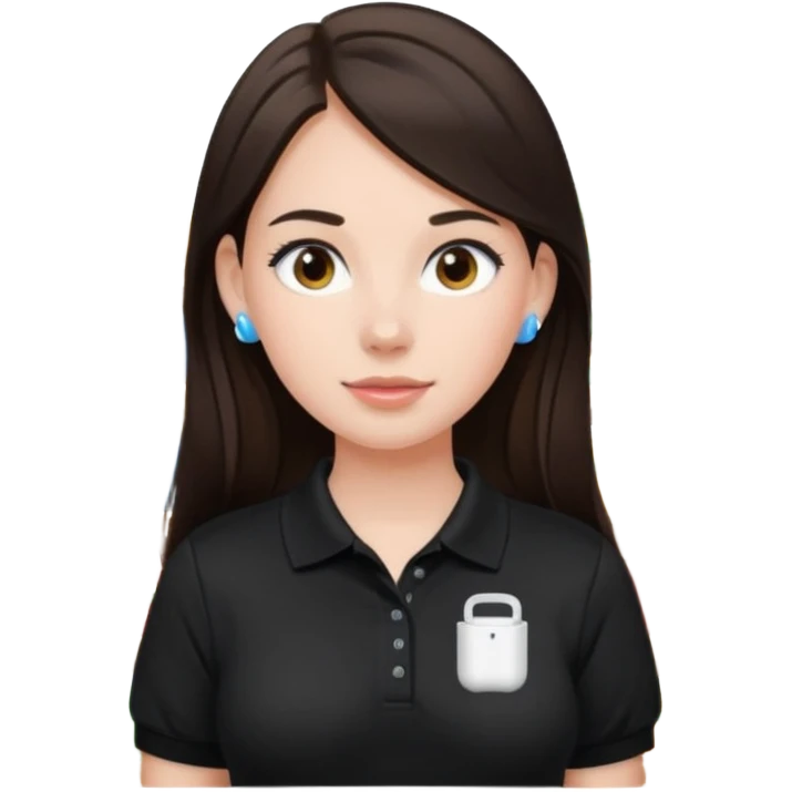 Girl with long dark brown hair with airpods wearing a black wegmans grocery store polo emoji