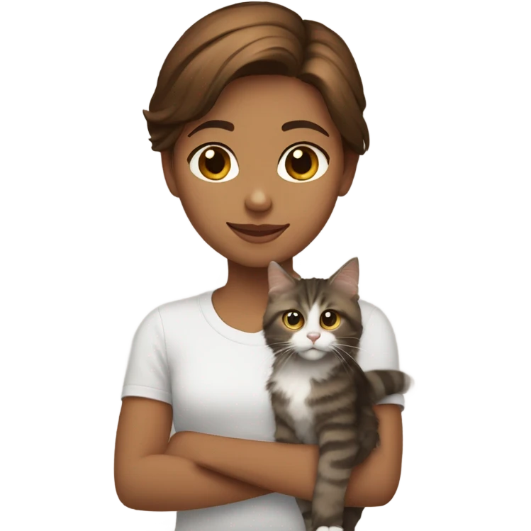 Girl with brown short hair and young Maine Coon brown and white emoji
