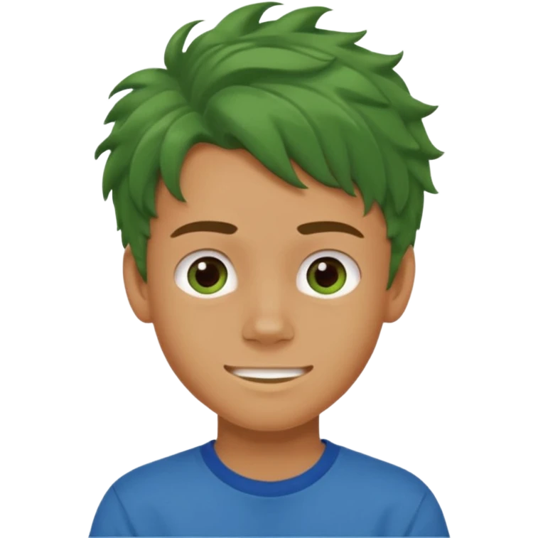 A 14 yerar old teenage boy, tanned, wearing a green t-shirt , blue jeans and green sneakers with brown wavy tousled hair, smirking emoji