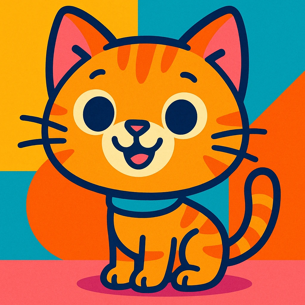 sweet cartoon cat, small body, oversized head, bright colors, smiling, vibrant toon style emoji