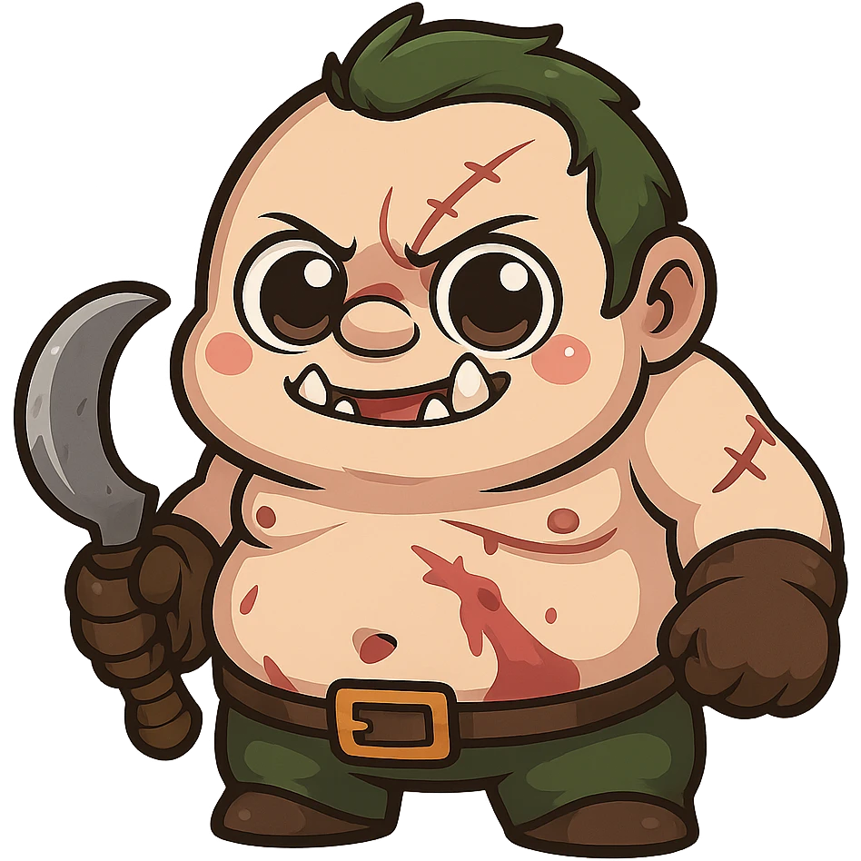 Pudge in a cute, chibi-style cartoon redesign, round proportions, big eyes emoji
