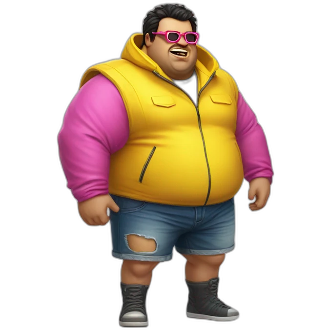 fat man with dark hair,a vibrant long yellow jacket, pink glasses, short jeans shorts. Show full lenght peson, person fighting a monster as superhero emoji
