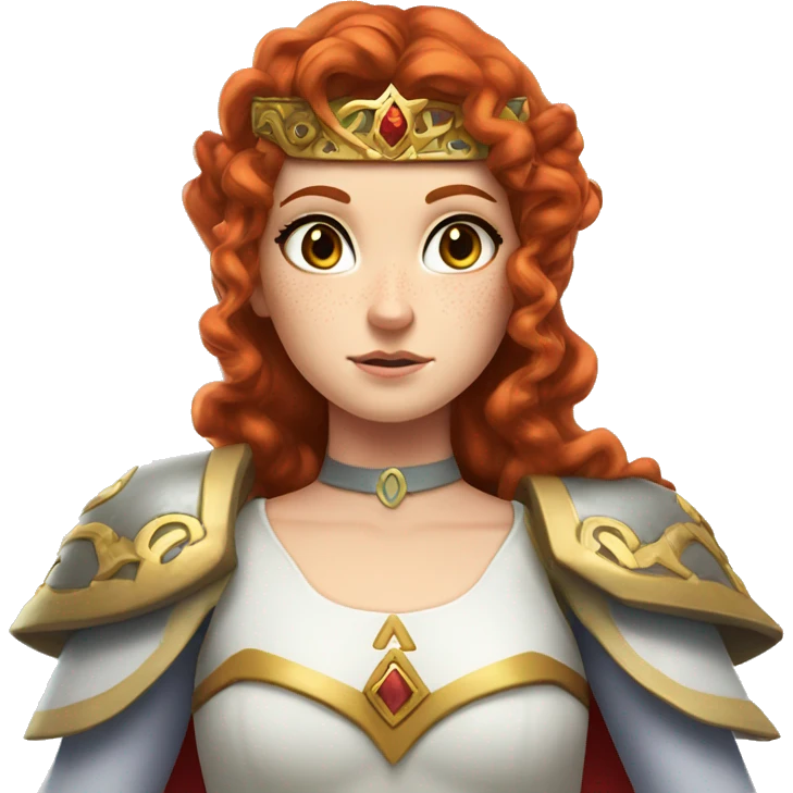 a white girl with long red curly hair and freckles, cosplaying Princess Zelda posing and being serious emoji