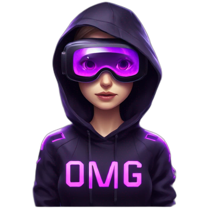 Russian girl wearing black hoody with violet letters "OMG", in vr headset. Cyberpunk style. Violet neon. emoji