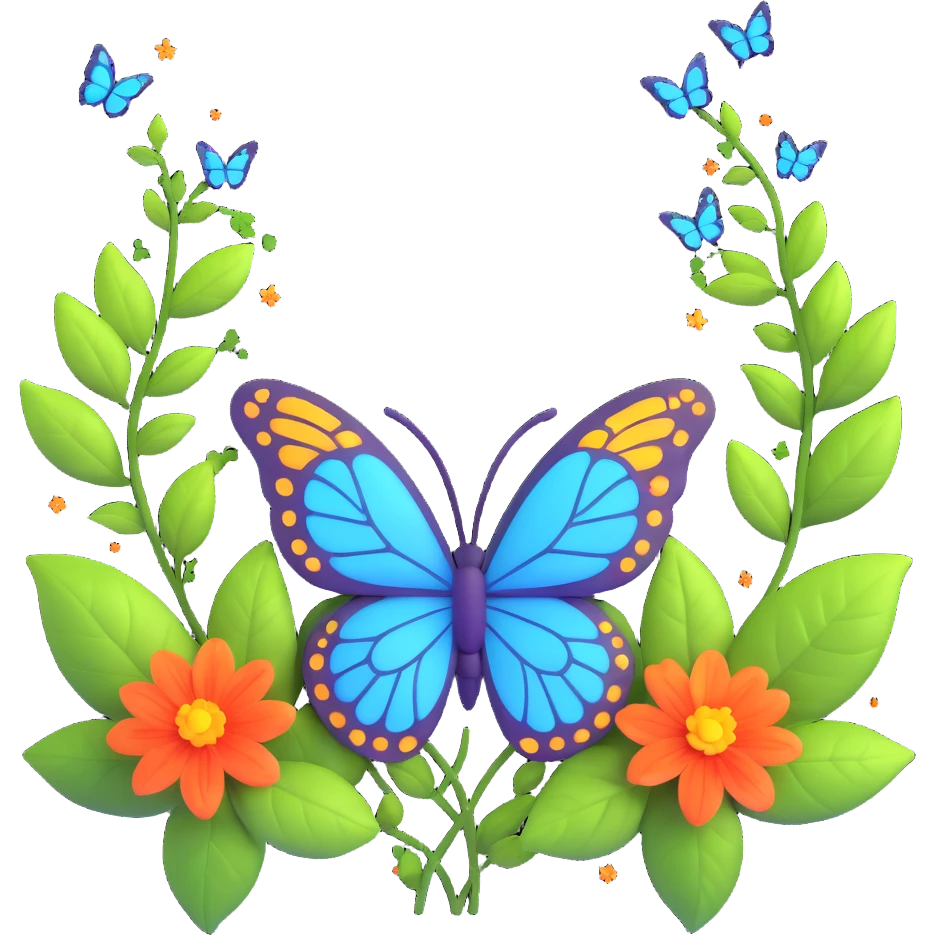 Add glowing leaves among the flowers and around the butterfly, maintaining the magical, 3D cartoon, digital fantasy art style. Keep the transparent background and all existing effects including flowers, glowing outlines, sparkling accents, magical particles, and elegant wings. emoji