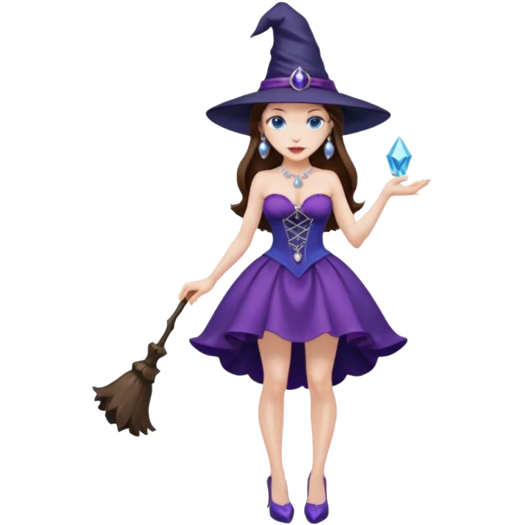 sexy woman brunette, very large breasts, pale skin, blue eyes, long brown hair, short purple strapless dress, witch hat, pearl earrings, smirking, in high heels, standing, head to toe, full body, zoomed out, entire outfit visible emoji