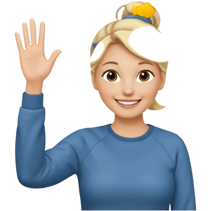 50 year old blonde woman with bun in casual clothes and sweat shirt waving emoji