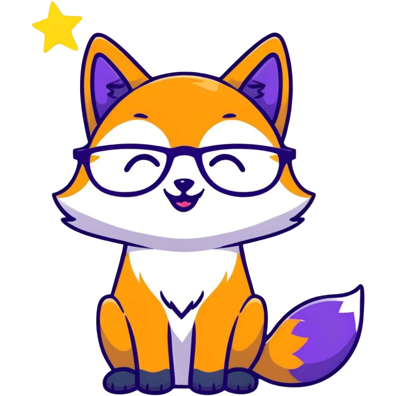 A magical fox with shimmering purple and blue fur, a glowing tail, a silver star on its forehead, and round glasses, laughing so hard that tears are streaming from its eyes emoji
