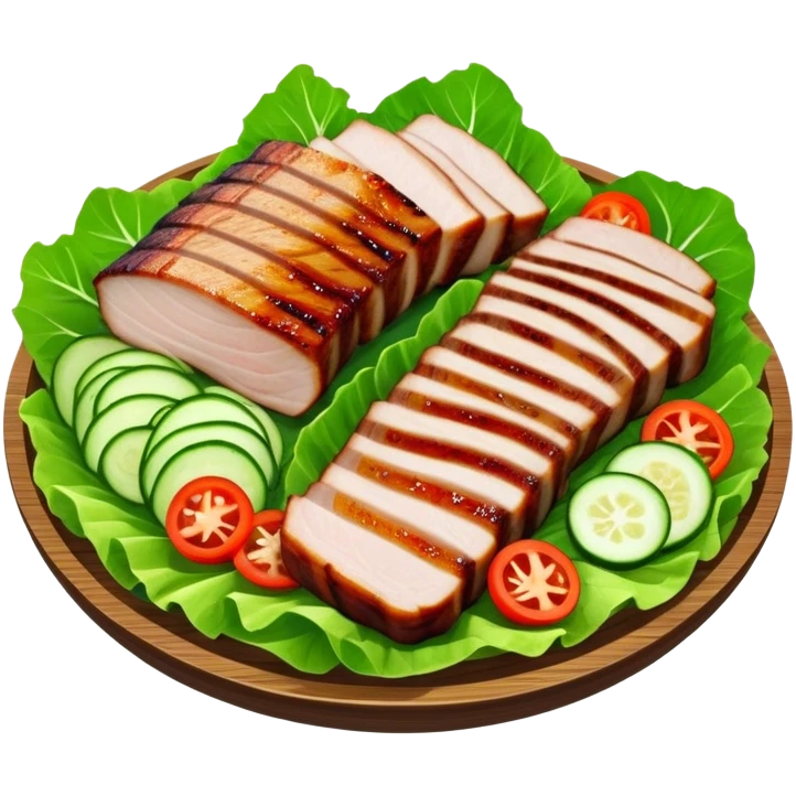 Samgyeopsal Cinematic Realistic Samgyeopsal Dish Emoji, depicted as slices of grilled pork belly served in crisp lettuce leaves with assorted fresh vegetables, rendered with dynamic textures and appetizing, natural lighting. emoji