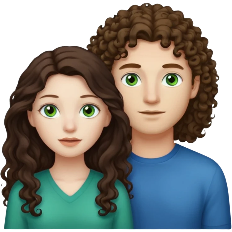 Pale skinned latina with long straight dark browk hair and white skinned male with light brown curly hair with green/blue eyes  emoji