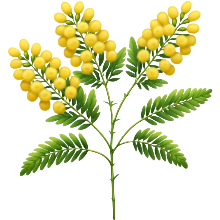 a few mimosa flowers, fluffy round yellow, filament-like petals, on thin green stems with feathery leaves, vibrant soft early spring, no extras, apple emoji style, soft lighting, transparent background, emoji scale emoji