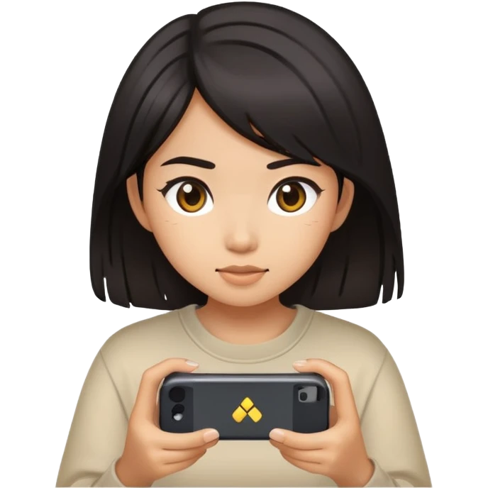 Dark haired Asian girl playing video games on her iPhone emoji