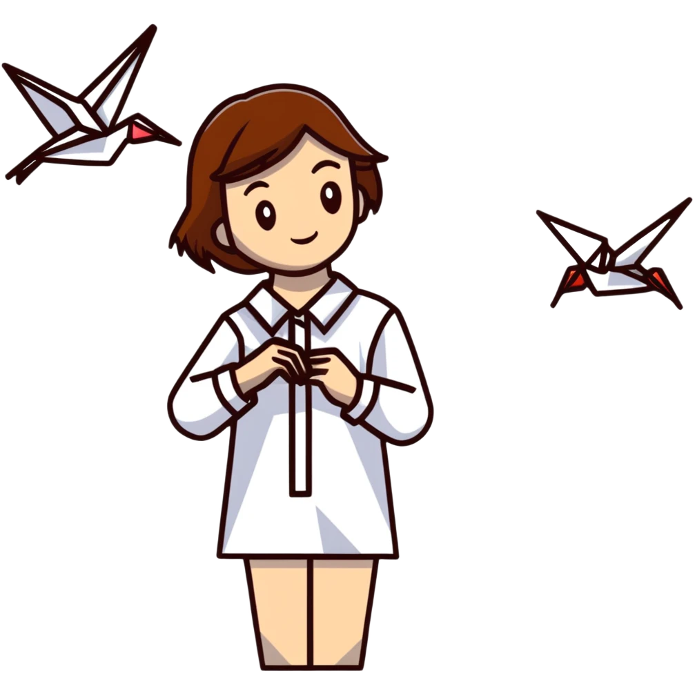 A happy Ukrainian young girl with brown hair in a white embroidered shirt makes an origami of a yellow and blue crane emoji