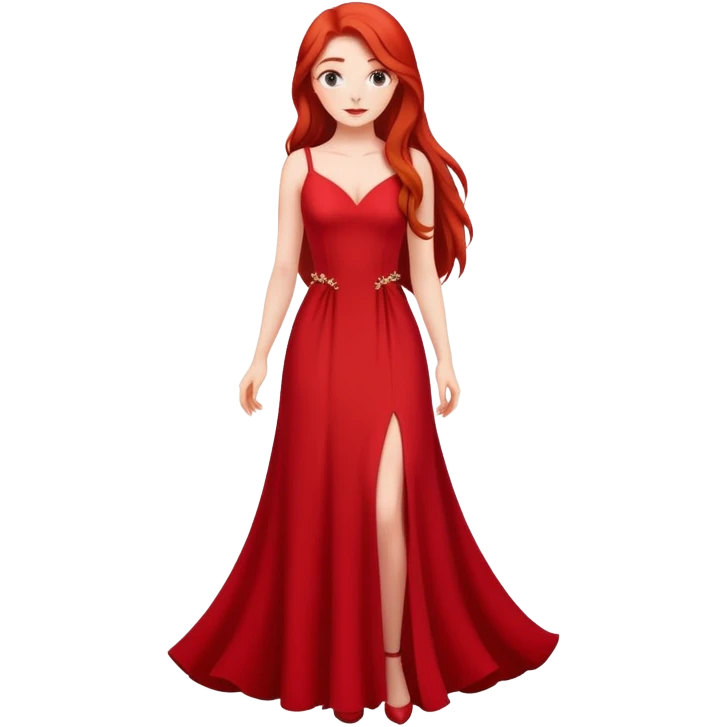 Fair-skin elegant girl in red long dress with long red hair emoji