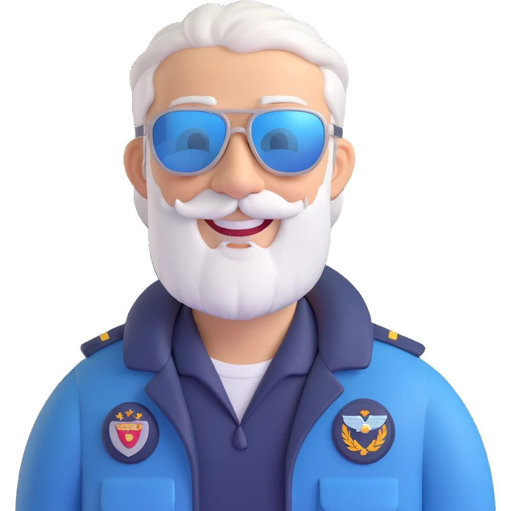 smiling middle-aged man, pilot, silver hair, beard, fair skin, sunglasses emoji