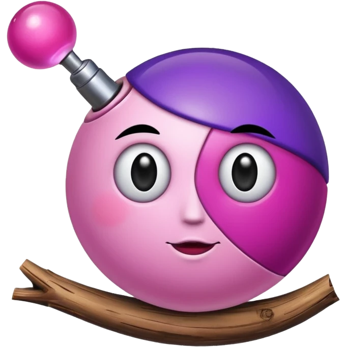 A half pink half purple ball with a face and a wooden stem followed by a glass stem on top of the wood stem tilted 90 degrees emoji