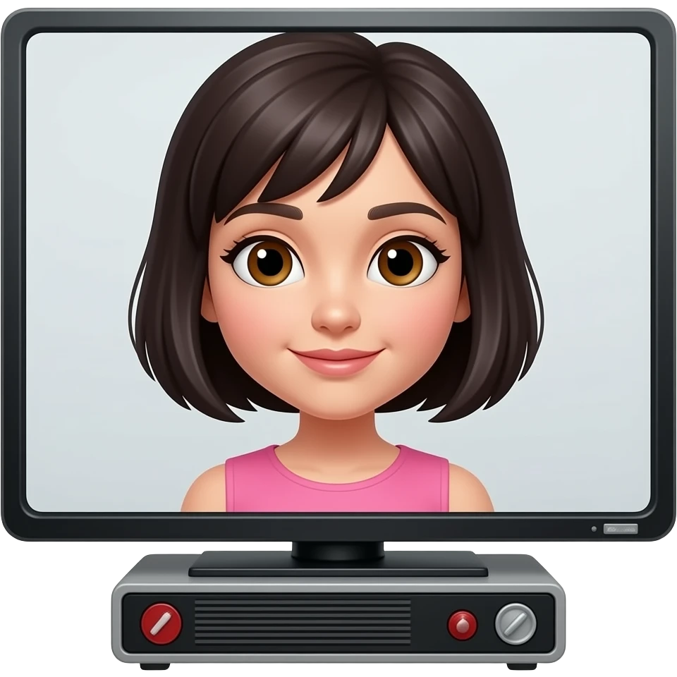 chica de cabello oscuro y corto, con ojos color cafe, con vestido color rosa, viendo una pelicula en la television emoji