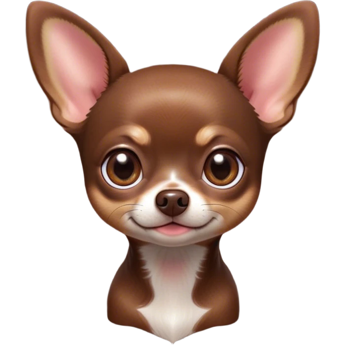 Cinematic Cute Chocolate Short Haired Chihuahua Portrait Emoji, Head tilted playfully and inquisitively, smooth chocolate fur with a lustrous sheen, round, sparkling dark eyes filled with curiosity, Simplified yet irresistibly adorable features, highly detailed, glowing with a warm, friendly glow, high shine, affectionate and lively, stylized with a touch of whimsy, bright and endearing, soft glowing outline, capturing the essence of a mischievous yet loving pup, so playful it feels like it could bound out of the screen and into your arms! emoji