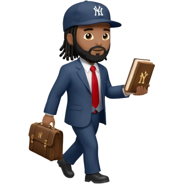 African American man with shoulder length black dreadlocks with black beard wearing a New York Yankees logo baseball cap wearing a suit with red tie walking to the right holding a Holy Bible emoji