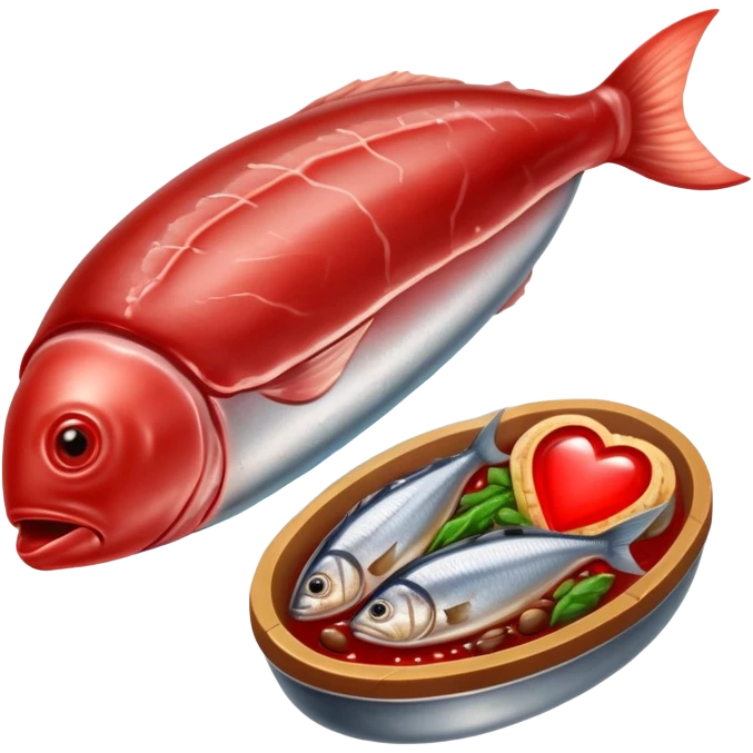 Ethereal red meat, liver, and sardines glowing with magical energy surrounding a bright red blood cell. Mystical light connects the foods to the blood cell and flows toward a heart and muscles, showing heme iron's role in creating vitality and energy throughout the body. emoji