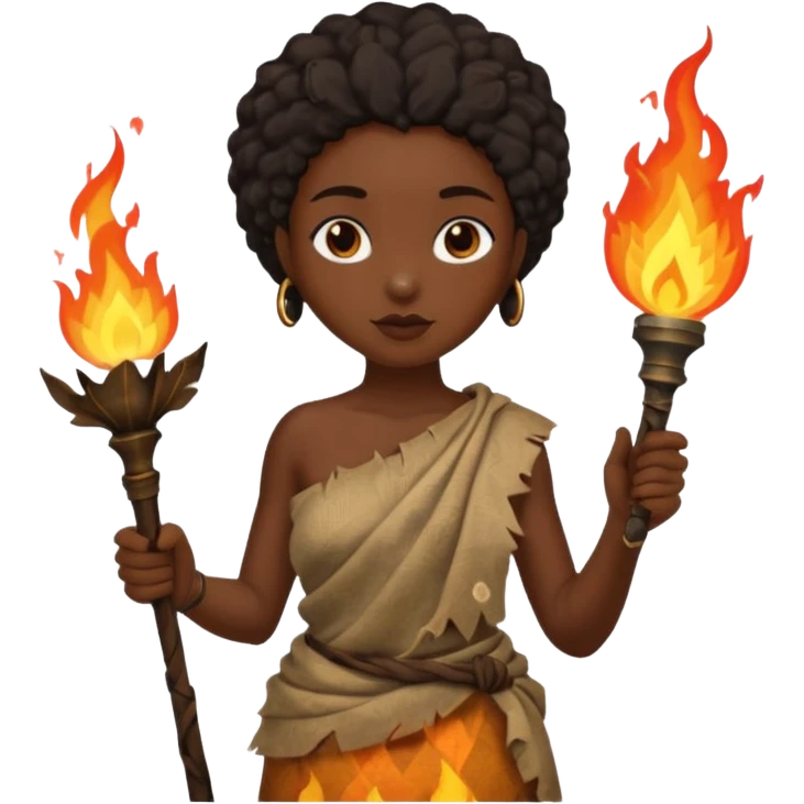 ancient black girl, tattered leaf cloth, hold a torch emoji