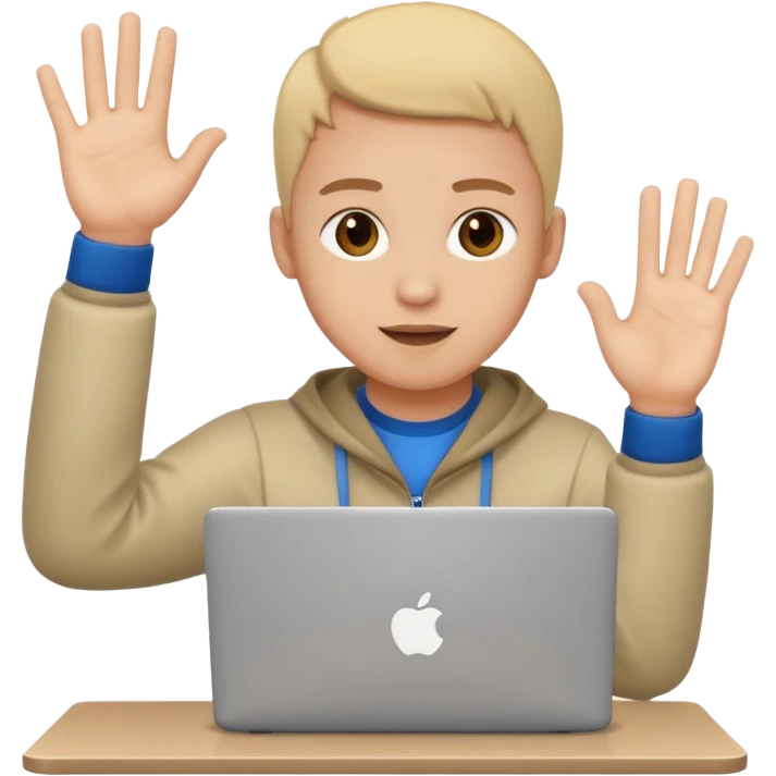 student with laptop, hands up emoji