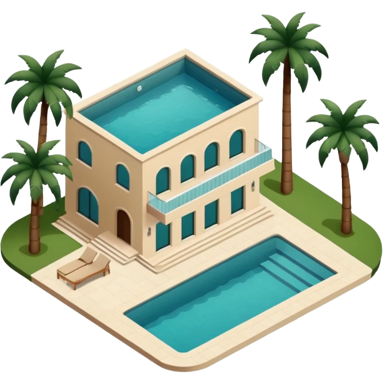 light beige luxury villa with dark green palm trees and swimming pool, top view, emoji style emoji