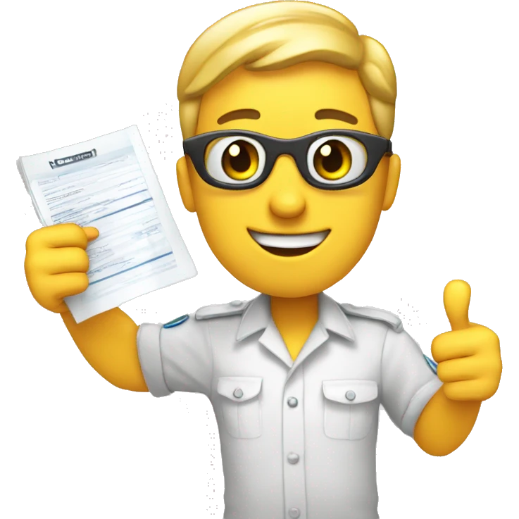 Smiling emoji, wide eyes, thumbs-up, holding report, celebrating success. emoji