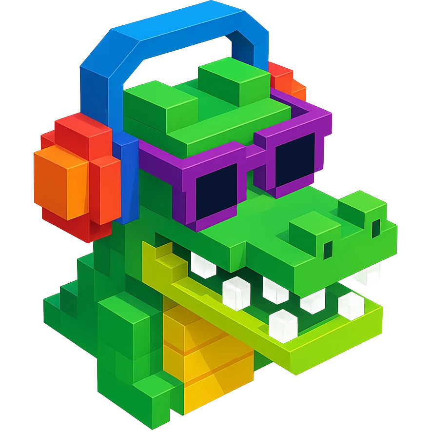 voxel style crocodile with headphones and sunglasses, isometric view emoji