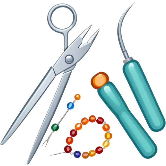 Beading icon, intricate beaded jewelry or decorative item in progress, visible beads, thread, and needle, tools like pliers and scissors, minimalistic style, clean lines, transparent background. emoji