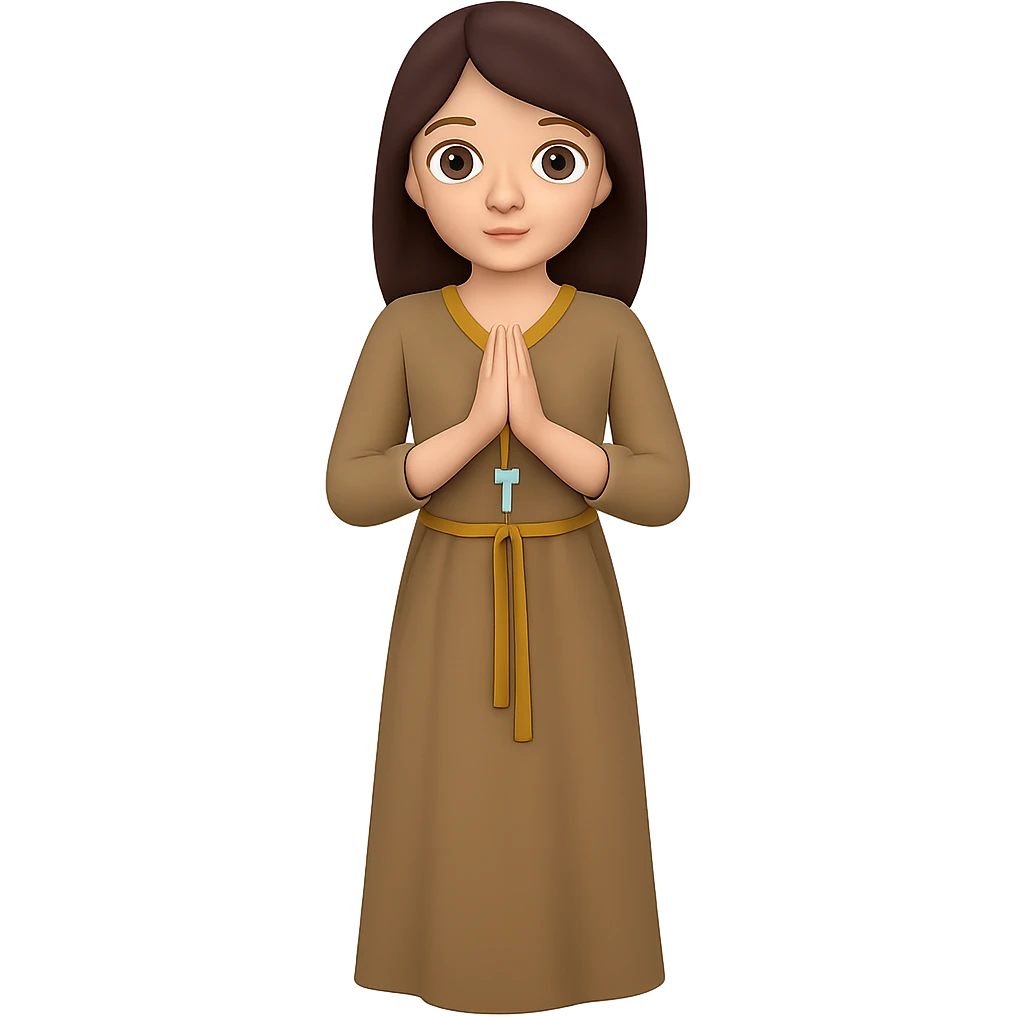 Show the woman standing and praying from the front view, wearing a long tan dress, with dark brown hair, in emoji style. Remove the background. emoji