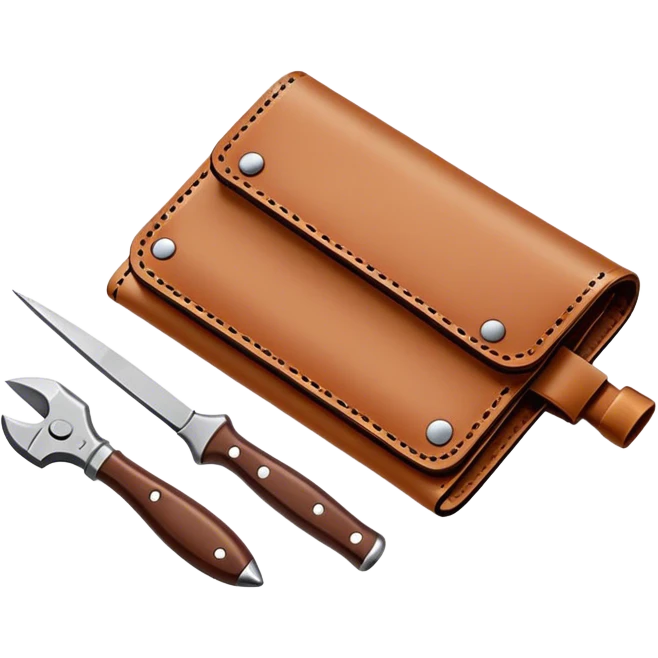 Leatherworking icon, piece of raw leather being crafted into a leather wallet or belt with engraving, professional tools like leather stitching awl, edge beveler, hammer, prying tool, minimalistic style, clean lines, transparent background. emoji