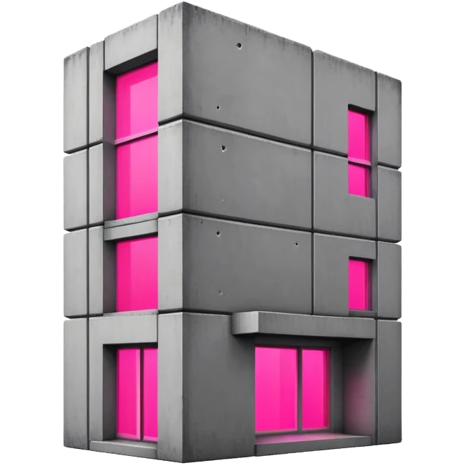 Brutalist gray concrete block building with one neon pink window emoji