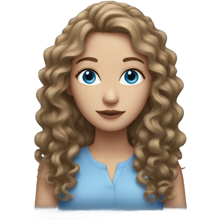 Pale woman with long mid brown curly hair and blue eyes emoji