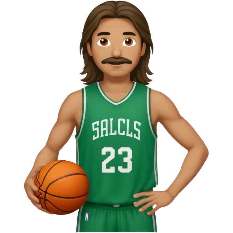 long haired man basketball player green jersey with mustache holding basket ball emoji