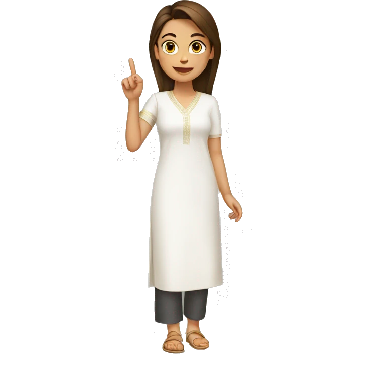 A young woman with complete white kurti showing 1 finger emoji