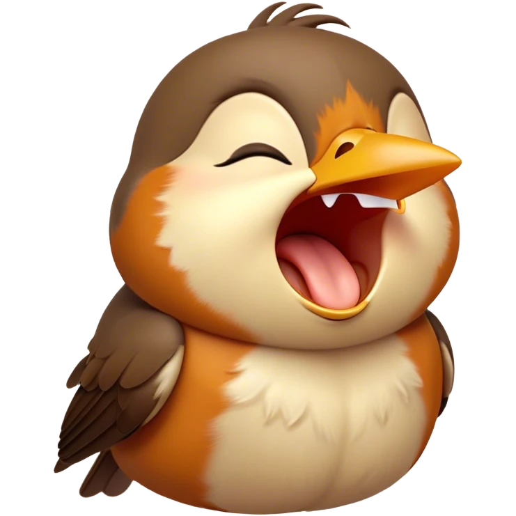 Cinematic Cute Yawning Robin Portrait Emoji, Head tilted slightly with a dramatic, wide-open yawn, showcasing a small, softly feathered body with gently drooping wings and sleepy, half-closed eyes, Simplified yet irresistibly adorable features, highly detailed, glowing with a soft, cozy glow, high shine, relaxed yet expressive, stylized with a dash of whimsical woodland charm, soft glowing outline, capturing the essence of a drowsy yet affectionate robin that appears ready to stretch out for a nap! emoji