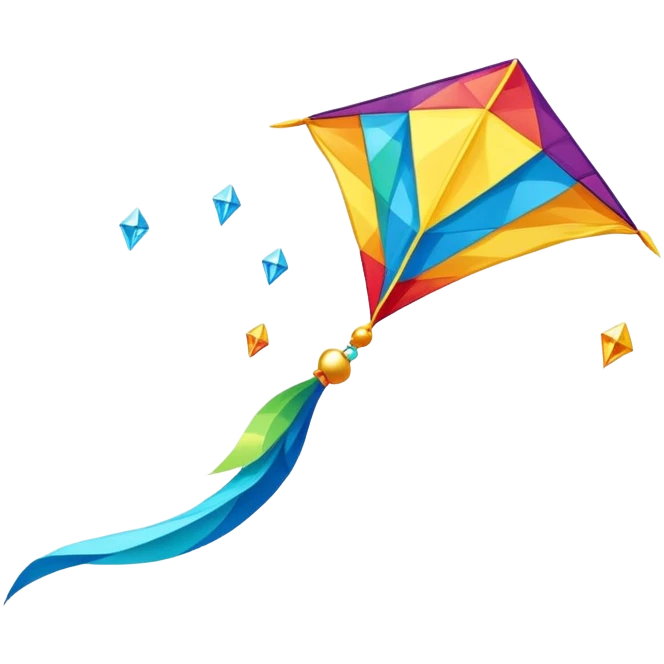 A colorful kite soaring high in the sky on a sunny day, with a long, flowing tail trailing behind. The background features an open field or beach, capturing the joy and freedom of flying kites, with gentle winds and a peaceful atmosphere. emoji