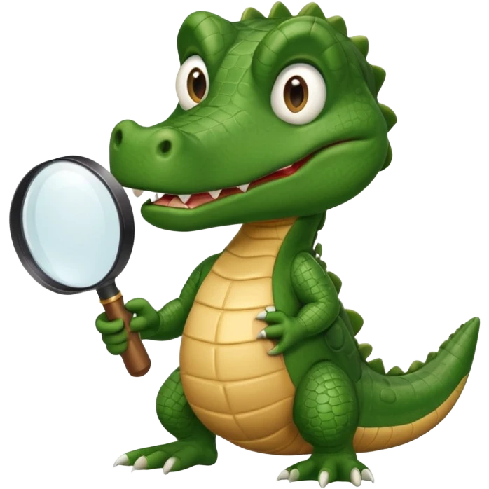 A green academic cartoon gator with a magnifying glass on a light background emoji