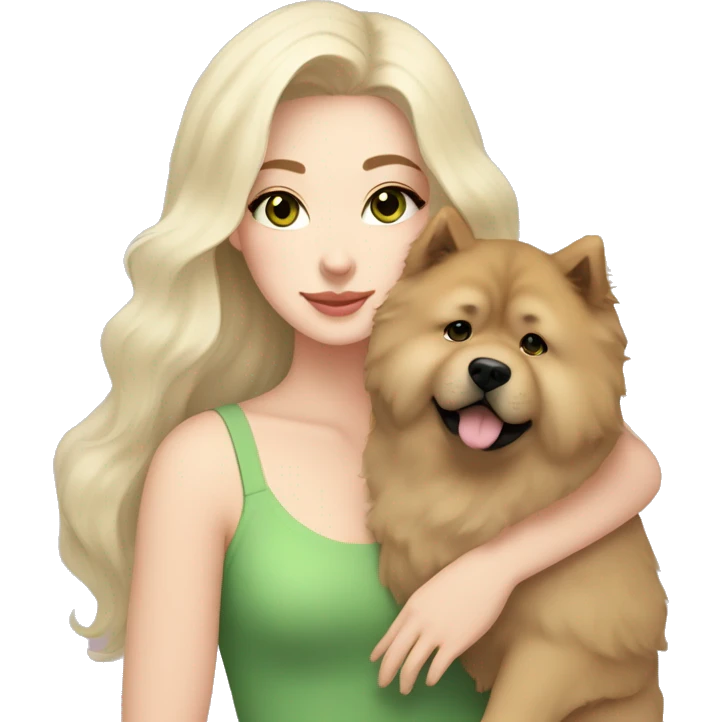 pretty woman with pale skin, very long black hair and green eyes and light pink outfit hugging a beige fluffy chow chow dog emoji