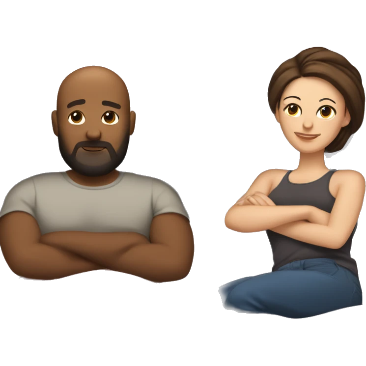 Bald brown woman laying in bed next to chubby tall white brunette man with a beard and a man bun  emoji