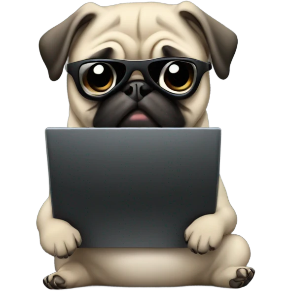 Pug wearing a black hoodie and using a laptop and wearing sunglasses emoji