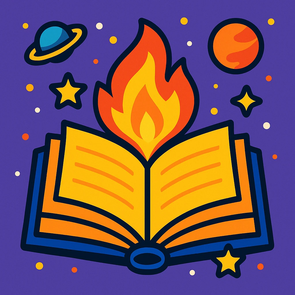 fun event icon with a book and fire, surrounded by stars and planets, space theme emoji