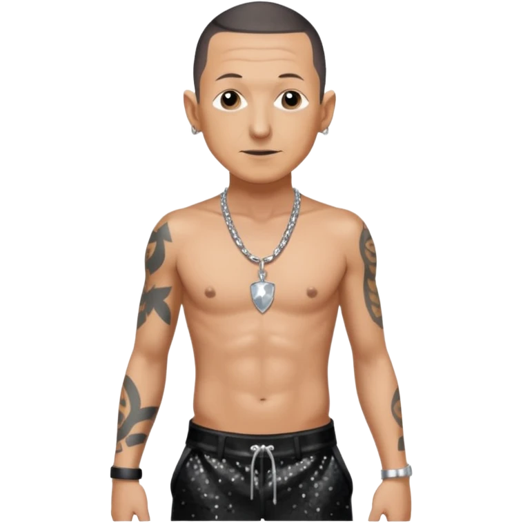 Chester Bennington with black sequin baggy pants, shirtless with necklace emoji