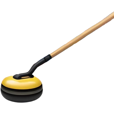 please, An icon featuring the curling rink, with its distinctive circles and a vibrant crowd in the stands. Snowflakes fall outside the arena, and bright lights illuminate the ice. a close-up curling stone sliding across the ice, with a broom nearby. Transparent background. emoji