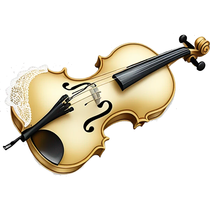 Rococo white and gold violin with a lace bow around the violin neck emoji