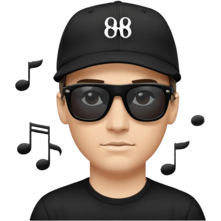 Emoji of a white man with short dark brown hair under a black baseball cap, wearing a black t‑shirt and 1980s‑style black Ray‑Ban rectangle sunglasses black lenses, with black musical notes floating around his head,  emoji