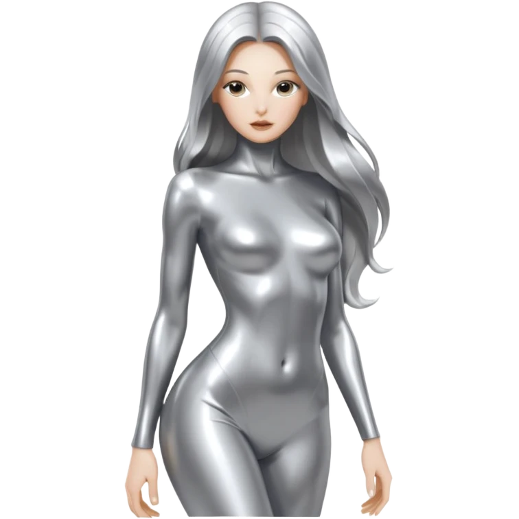 abstract sensual skinny body silhouette, liquid silver chrome, smooth curves,chrome silver long hair, chrome metallic silver full face  and body, sensual poses emoji